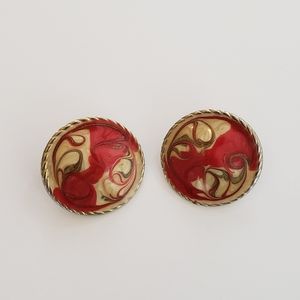 Vintage Red and Gold enameled disk earrings glitter sparkle holiday